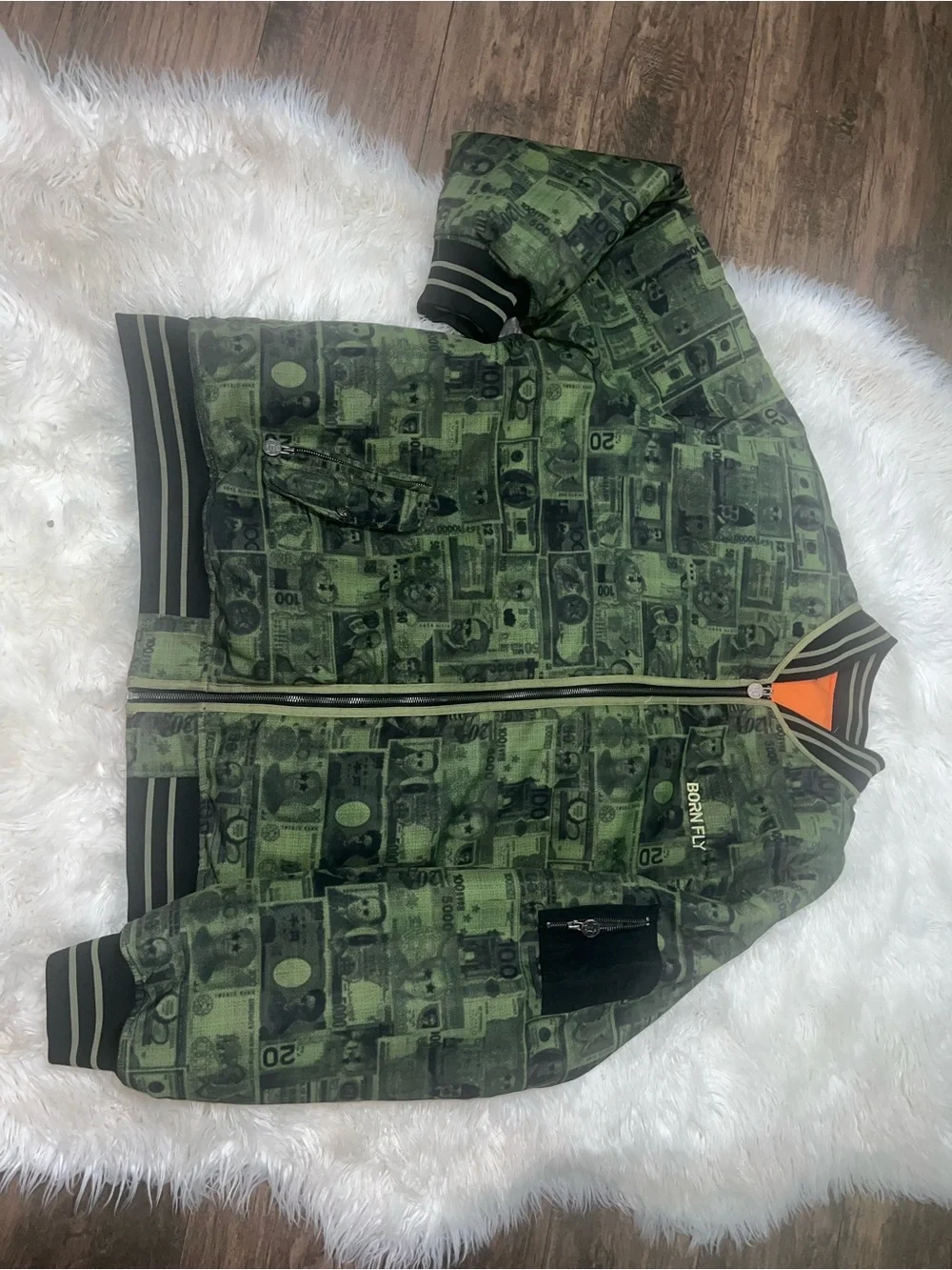 5XL Men’s Green Money-Print Bomber Jacket with Orange Lining